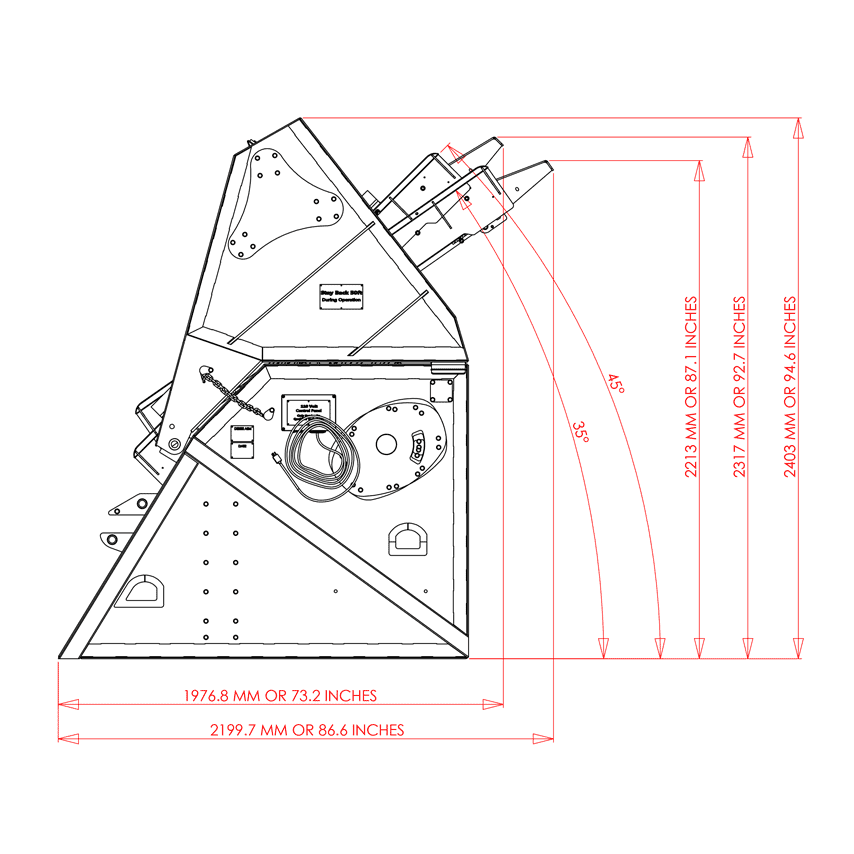 SLG 108VFRB side view Lineal Drawing to illustrate the machine specifications.