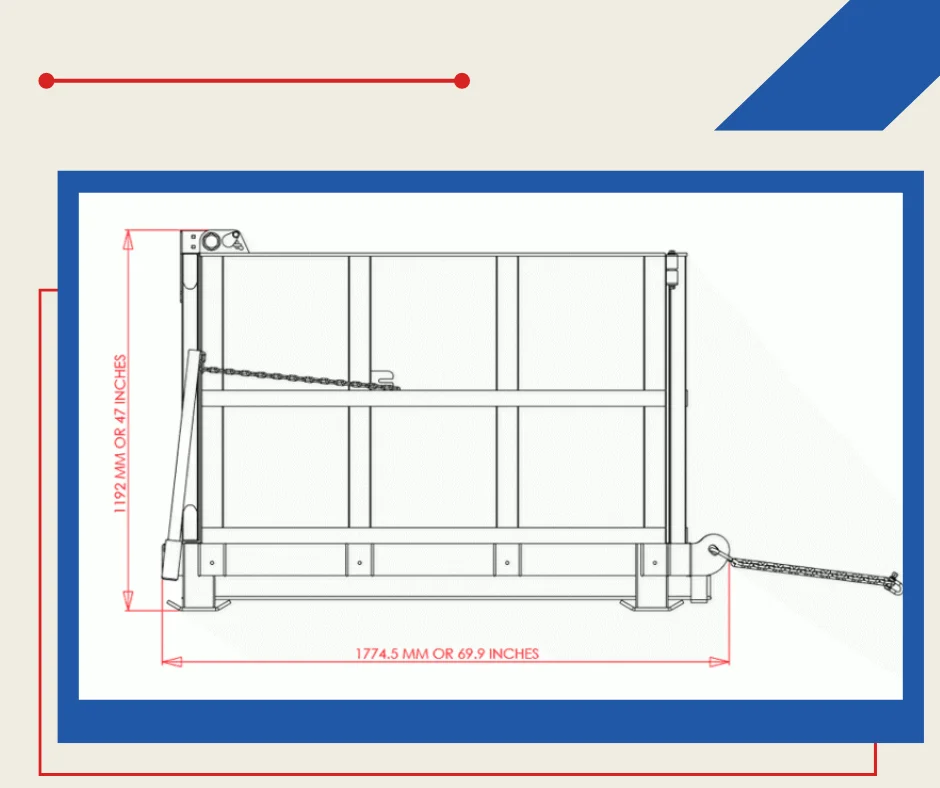 DeSite 4.75 Yards Bin front view Lineal Drawing to illustrate the bin specifications.