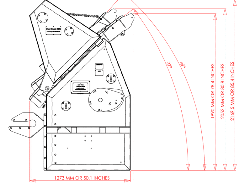 SLG 78VFRB side view Lineal Drawing to illustrate the machine specifications.